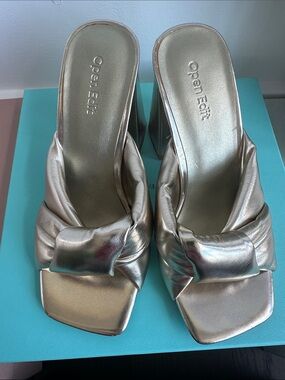 Open Edit Metallic Silver Knot-Front Mule Heels